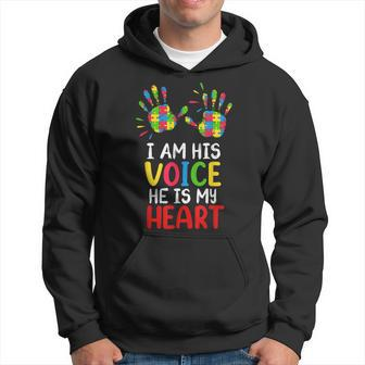 Autism Awareness Mom Dad I Am His Voice Hes My Heart Hoodie | Mazezy