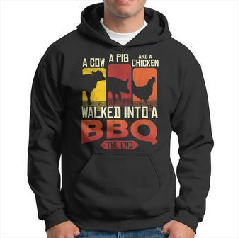 Barbecue Lover Cow Pig Chicken Walked Into Bbq Vintage Funny Men Hoodie Graphic Print Hooded Sweatshirt - Thegiftio UK