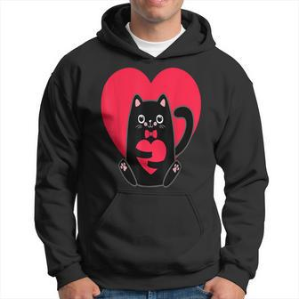 Black Cat Heart Valentines Day Cute Kitten Kitty-Love V Day Hoodie - Seseable