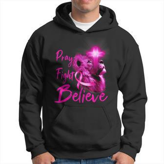 Christian Lion Cross Pray Fight Believe Breast Cancer Hoodie - Seseable
