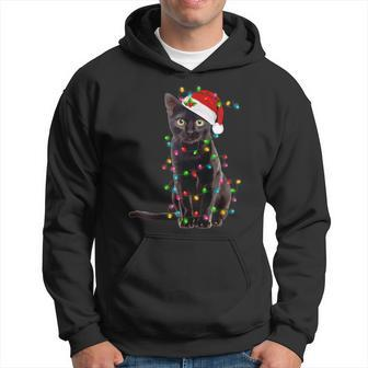 Christmas Black Cat With Santa Hat Lights For Cat Lover Xmas  Men Hoodie Graphic Print Hooded Sweatshirt