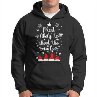 Christmas Most Likely To Shoot The Reindeer Santa Hats Men Hoodie Graphic Print Hooded Sweatshirt - Seseable
