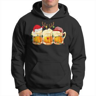 Christmas Three Glass Of Beer Lights Santa Hat Elf Antlers Men Hoodie Graphic Print Hooded Sweatshirt - Seseable