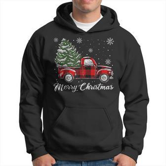 Christmas Tree Red Truck Pajama Vintage Buffalo Plaid Truck Men Hoodie Graphic Print Hooded Sweatshirt - Seseable