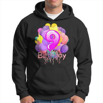 Cute Balloons 9Th Years Funny Nine Birthday Number Age 9 Men Hoodie Graphic Print Hooded Sweatshirt - Thegiftio UK