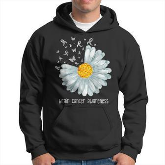 Daisy Butterfly Gray Ribbon Brain Cancer Awareness Men Hoodie Graphic Print Hooded Sweatshirt - Seseable