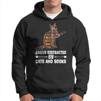 Easily Distracted By Cats And Books Funny Cat Lover Hoodie | Mazezy