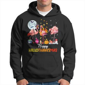 Flamingo Halloween And Merry Christmas Happy Hallothanksmas V3 Men Hoodie Graphic Print Hooded Sweatshirt - Thegiftio UK