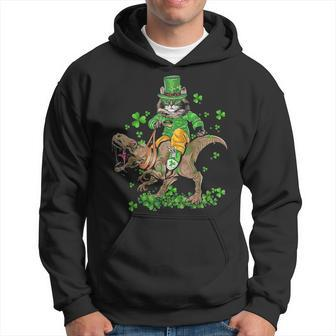Funny St Patricks Day Irish Cat Riding T Rex Shamrock Hoodie - Seseable