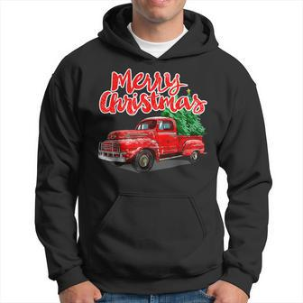 Funny Vintage Merry Christmas Tree Red Wagon Truck Outfit Men Hoodie Graphic Print Hooded Sweatshirt - Seseable