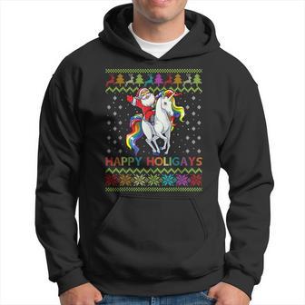 Gay Christmas Pajamas Santa Riding Unicorn Happy Holigays Men Hoodie - Thegiftio UK