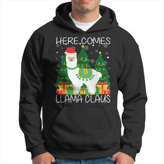 Here Comes Llama Claus Christmas Tree Funny Llama Lover Xmas Men Hoodie Graphic Print Hooded Sweatshirt - Seseable