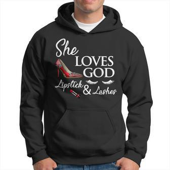 High Heel Ladies Shoes Lipstick And She Loves God Lashes Men Hoodie Graphic Print Hooded Sweatshirt - Thegiftio UK