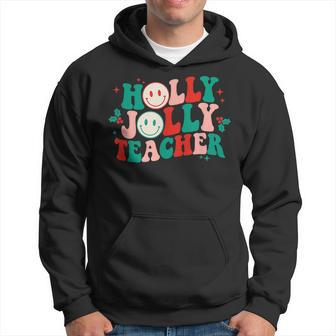 Holly Xmas Jolly Teacher Groovy Retro Christmas Pajamas Men Hoodie Graphic Print Hooded Sweatshirt - Seseable