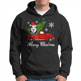 Husky Dog Riding Red Truck Christmas Decorations Pajama Men Hoodie Graphic Print Hooded Sweatshirt - Seseable