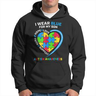 I Wear Blue For My Son Autism Awareness Mom Dad Heart Puzzle Hoodie | Mazezy