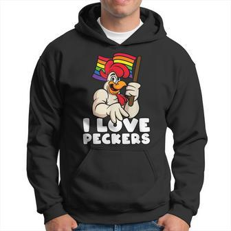 Lgbt Rainbow Flag Rooster Pun I Love Peckers Gay Chicken Dad Hoodie - Thegiftio UK