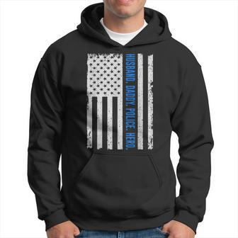 Mens Husband Daddy Police Hero Usa Flag Fathers Day Gifts Hoodie - Seseable
