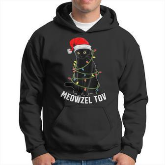Meowzel Tov Black Cat Hanukkah Christmas Lights Cats Lover Men Hoodie Graphic Print Hooded Sweatshirt - Seseable