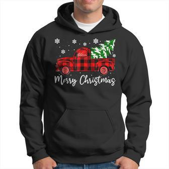 Merry Christmas Buffalo Plaid Red Truck Tree Funny Xmas Men Hoodie Graphic Print Hooded Sweatshirt - Seseable