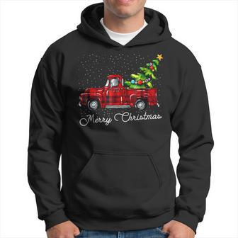 Merry Christmas Red Buffalo Plaid Truck Xmas Tree Funny 2022 Men Hoodie Graphic Print Hooded Sweatshirt - Thegiftio UK
