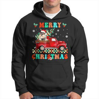 Merry Christmas Schnauzer Dog Riding Red Truck Xmas Tree Men Hoodie Graphic Print Hooded Sweatshirt - Seseable