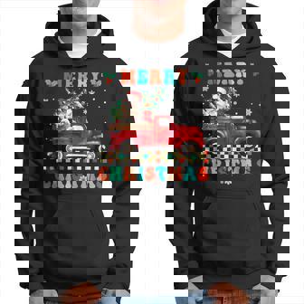 Merry Christmas Schnauzer Dog Riding Red Truck Xmas Tree Men Hoodie Graphic Print Hooded Sweatshirt | Seseable CA