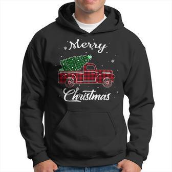 Merry Christmas Tree Buffalo Truck Tree Red Plaid Christmas Men Hoodie Graphic Print Hooded Sweatshirt - Seseable