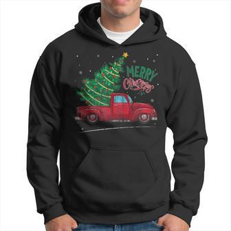 Merry Christmas Truck Red Tree Xmas Pajama Matching Family Men Hoodie Graphic Print Hooded Sweatshirt - Seseable