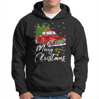 Merry Christmas Vintage Wagon Red Truck Pajama Family Party Men Hoodie Graphic Print Hooded Sweatshirt - Seseable
