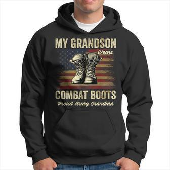 My Grandson Wears Combat Boots Proud Army Grandma Veteran Men Hoodie Graphic Print Hooded Sweatshirt - Seseable