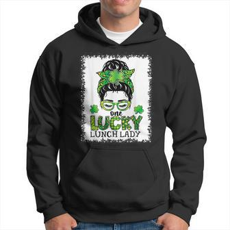 One Lucky Lunch Lady Bleached Messy Bun St Patricks Day Hoodie - Seseable