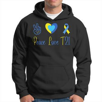 Peace Love T21 Blue Yellow World Down Syndrome Day 2023 Hoodie - Seseable