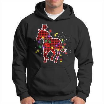 Red Buffalo Plaid Horse Christmas Pajamas Xmas Tree Lights Men Hoodie Graphic Print Hooded Sweatshirt - Seseable