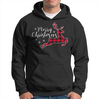 Red Plaid Merry Christmas Letter Reindeer Snowflake Buffalo Men Hoodie Graphic Print Hooded Sweatshirt - Seseable