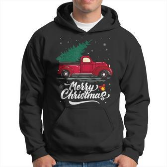 Red Truck Pick Up Christmas Tree Vintage Funny Xmas Holiday Men Hoodie Graphic Print Hooded Sweatshirt - Seseable