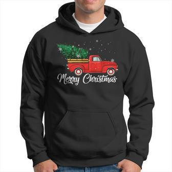 Red Truck Pick Up Christmas Tree Vintage Retro Men Hoodie Graphic Print Hooded Sweatshirt - Seseable