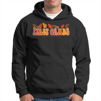 Retro Groovy First Grade Teacher Vintage Fall Leaves Autumn Men Hoodie Graphic Print Hooded Sweatshirt - Thegiftio UK