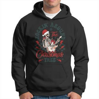 Rockin Around The Christmas Tree Funny Skeleton Rocker Xmas Men Hoodie Graphic Print Hooded Sweatshirt - Seseable