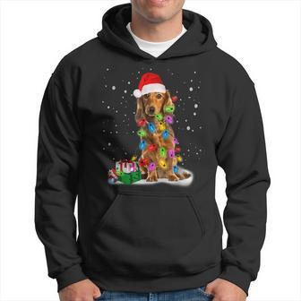 Santa Dachshund Christmas Tree Light Long Hair Dachshund Men Hoodie Graphic Print Hooded Sweatshirt - Seseable