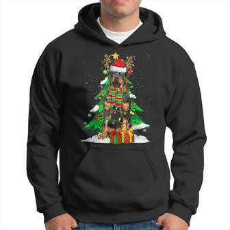 Santa Reindeer Rottweiler Dog Xmas Tree Lights Christmas Pjs Men Hoodie Graphic Print Hooded Sweatshirt - Thegiftio UK