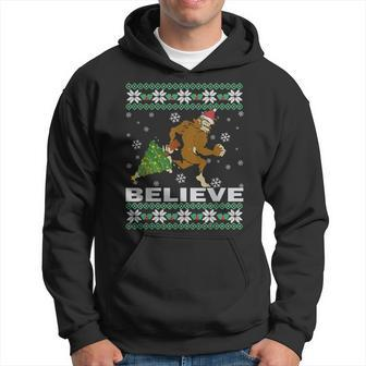Ugly Christmas Believe Bigfoot Sasquatch Tree For Family Men Hoodie Graphic Print Hooded Sweatshirt - Seseable