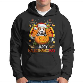 Welsh Corgi Happy Hallothanksmas Halloween Christmas Men Hoodie Graphic Print Hooded Sweatshirt - Thegiftio UK