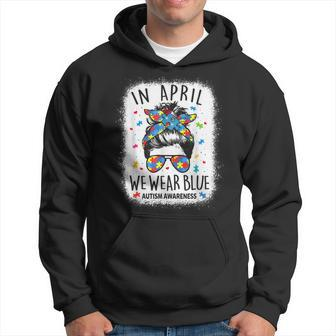 Women Messy Bun In April We Wear Blue For Autism Awareness Hoodie | Mazezy