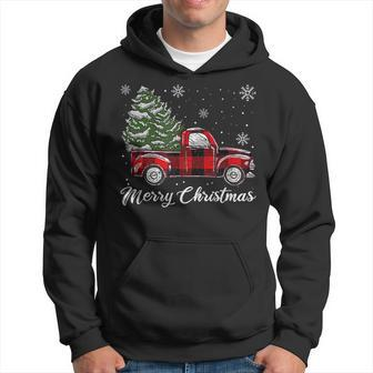 Xmas Christmas Tree Red Truck Vintage Buffalo Plaid Truck Men Hoodie Graphic Print Hooded Sweatshirt - Seseable