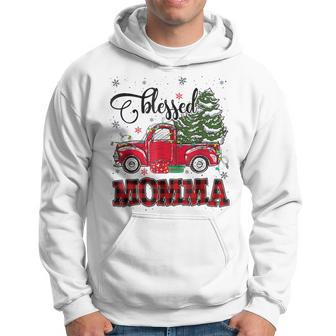 Blessed Momma Red Plaid Truck Tree Lights Christmas Pajama Men Hoodie Graphic Print Hooded Sweatshirt - Thegiftio UK