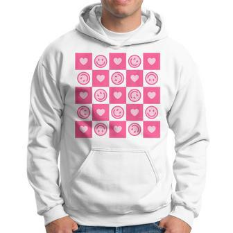 Checkered Smile Happy Face Checkerboard Indie Aesthetic Pink Hoodie | Mazezy
