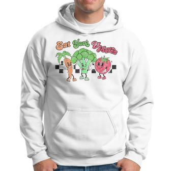 Eat Your Veggies Retro 90S Style Vegetable Funny Vegan Month Men Hoodie Graphic Print Hooded Sweatshirt - Seseable