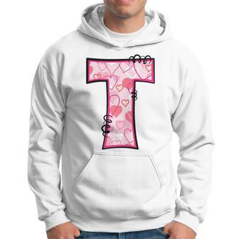 Letter T Pink Initial Monogram Hearts Girly Hoodie | Mazezy