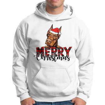 Merry Christmas Doberman Dog Christmas Red Plaid Santa Hat Men Hoodie Graphic Print Hooded Sweatshirt - Seseable